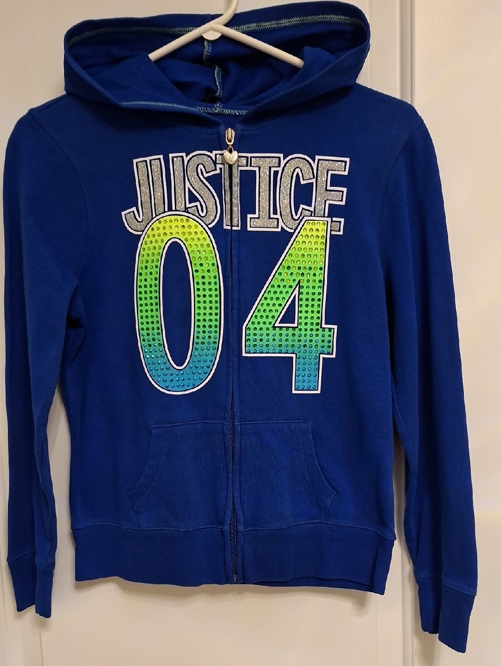 Justice Royal Blue Girls' Zip Hoodie with Green-Teal '04' Graphic Size 12